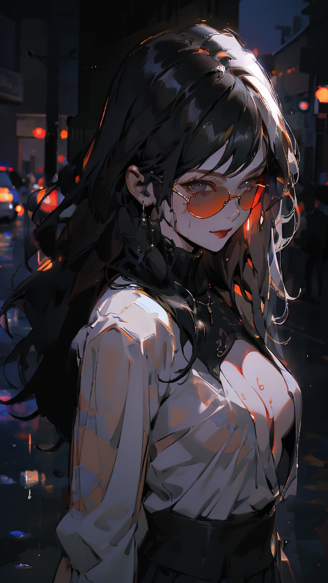 a girl with shirt, under boob style clothing, wet, beautiful breasts, sunglasses, one hand on chest, smile