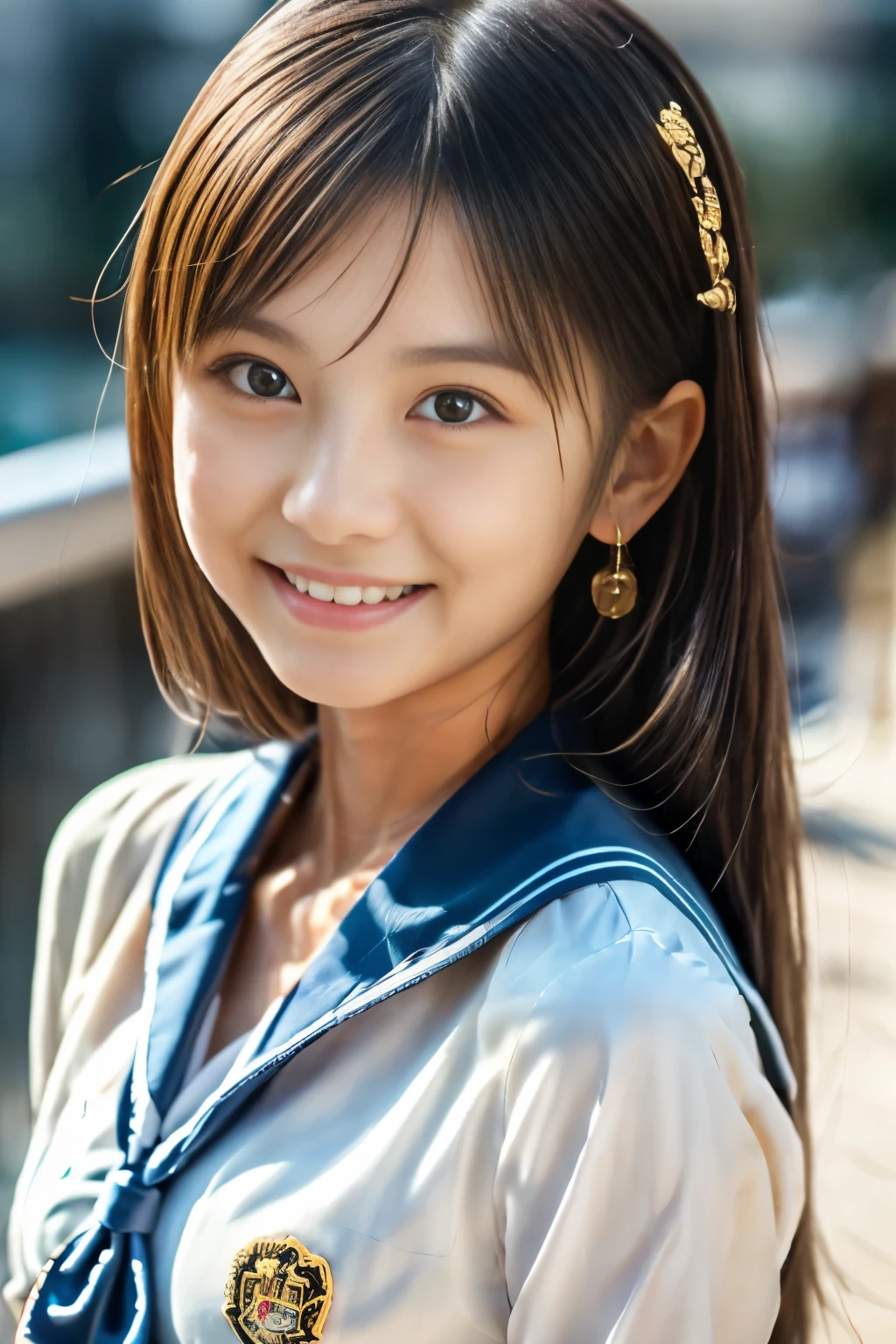 (Masterpiece:1.3), (8K), (Best Quality:1.4), (UHD:1.2), (Photorealistic:1.3),( Raw Photography), (1girl), (Ultra High Detailed), (Detailed face), very perfect beautiful and cute face, (Detailed hair), Beautiful hair, bangs, (symmetrical eyes:1.3), (Detailed eyes), (Detailed skin), Realistic skin, shiny skin, Ultra high definition, (slim figure), (super model figure), gentle smile:1.2, (A very beautiful and cute Japanese girl with a gentle expression), 27yo,
( wearing a Japanese high school sailor uniforms, earrings ), On the observation deck of a skyscraper, standing