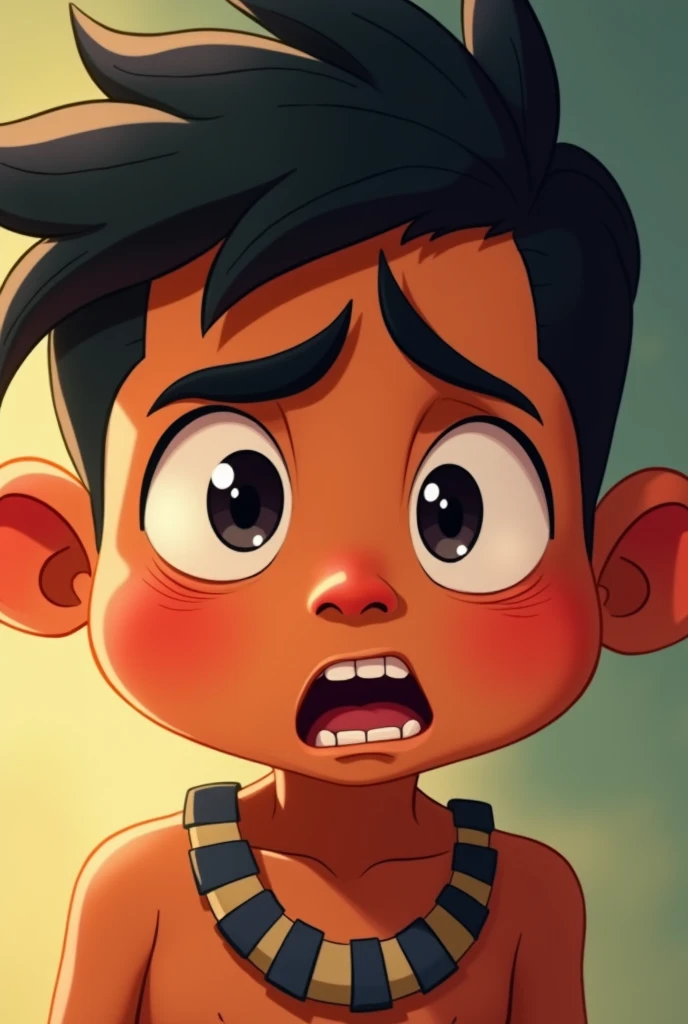 make an indigenous boy close up on your face with an expression of fear and confidence in cartoon version