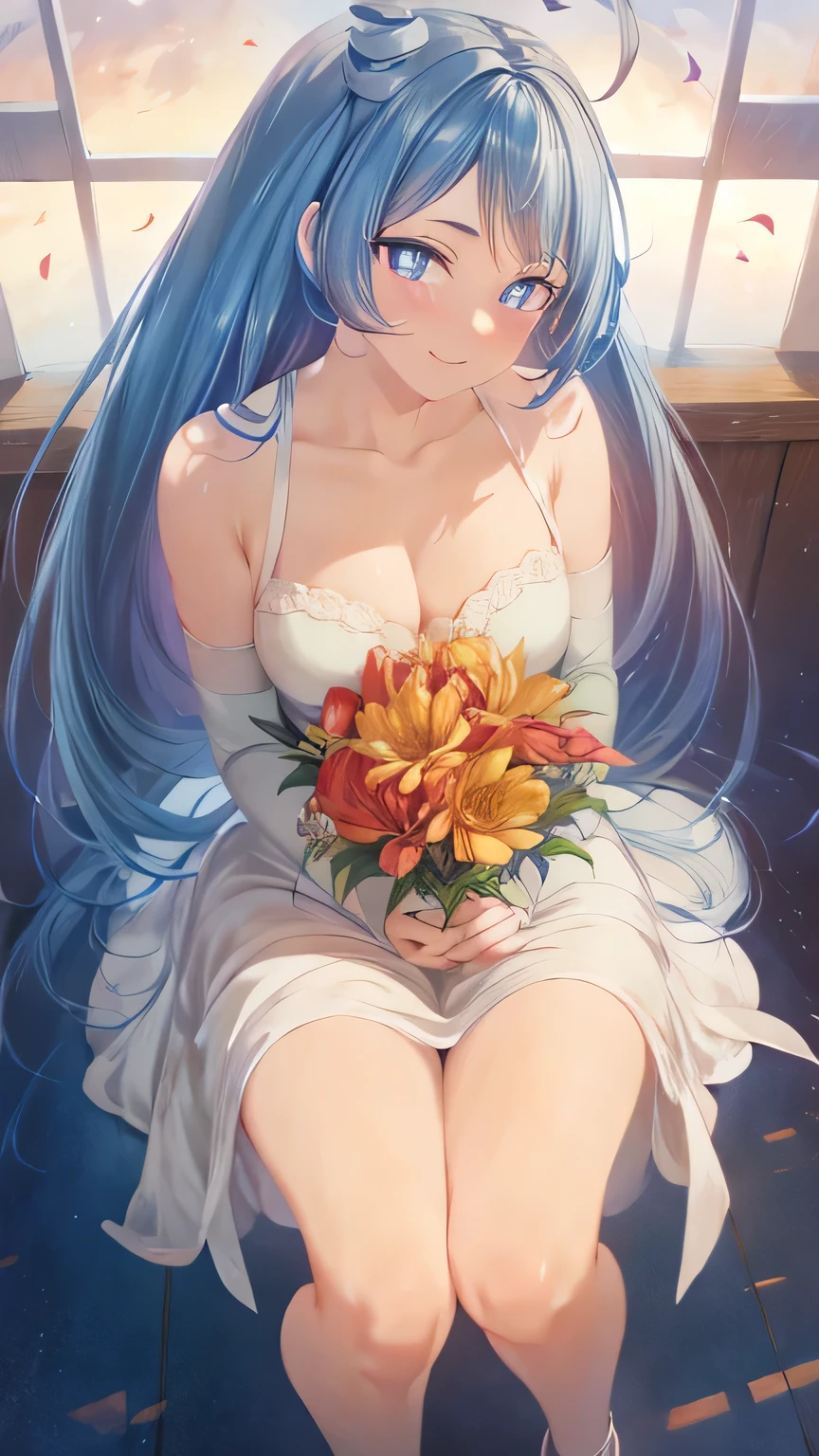 nejirehadou, nejire hadou, blue eyes, blue hair, long hair, long tradicional Wedding dress, drill hair, white tradicional Wedding dress, BREAK looking at viewer, full body, BREAK indoors, classroom, BREAK (masterpiece:1.2), best quality, high resolution, unity 8k wallpaper, (illustration:0.8), (beautiful detailed eyes:1.6), extremely detailed face, perfect lighting, extremely detailed CG, (perfect hands, perfect anatomy), warm smile, Holding a bouquet of flowers