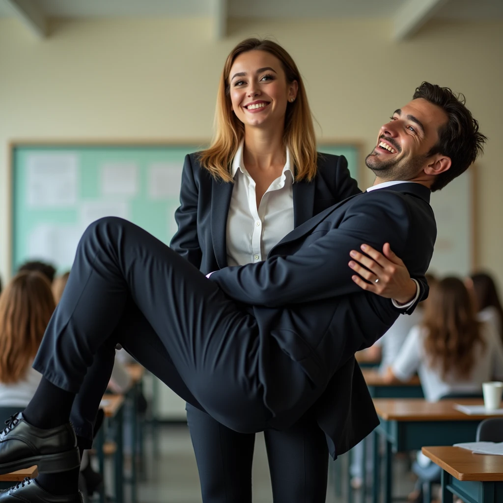 A stunning young woman lifting and carrying a man in her strong arms. She confidently stands in a classroom setting with a coy smile on her face as she shows off her strength. She is wearing a sexy private school uniform. The man is older and dressed in business attire.