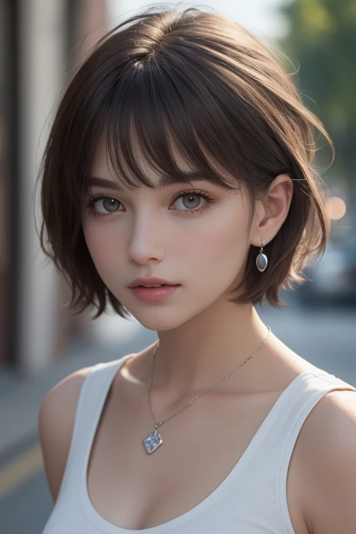 (photograph:1.2)、(photorealistic:1.3)、(masterpiece:1.3)、(Highest image quality:1.4)、ultra high resolution、(detailed eyes)、(detailed facial features)、(Detailed garment features)、8k resolution、solo focus、2 mature woman、small face、no makeup、Detailed beautiful eyes、bangs、dark brown hair、short cut hair、(realistic skin)、beautiful skin、charming、ultra high resolution、Super realistic、High definition、white shirt open,middlebre、small breasts、bust B cup、small breasts、cool beauty、Gray background、cinematic lighting、perfect、soft light、High resolution skin:1.2、realistic skin texture、2 mature woman、small face、no makeup、Bust B Cup、Detailed beautiful brown eyes、short hair、dark brown hair、Cool beauty、gray background high quality、masterpiece、High resolution、1 female、necklace、gem、Earrings、Beautiful Face、Body Up、Tyndall effect、Realistic、Rim Light、Two-tone lighting、(High resolutionスキン:1.2)、8k ウルトラHD、Digital SLR、Soft lighting、high quality、Volumetric lighting、photograph、High resolution、4K、8k、Brown haired woman、Adult、Small eyes、Perfect Mouth、Highly detailed eyes and mouth、Black natural eyes、Pure brown hair color、lol、Caucasian skin color、Hair quality and shine、street、town、road、congestion、lol顔,Upper teeth(Camouflage tank top)