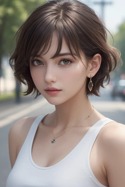(photograph:1.2)、(photorealistic:1.3)、(masterpiece:1.3)、(Highest image quality:1.4)、ultra high resolution、(detailed eyes)、(detailed facial features)、(Detailed garment features)、8k resolution、solo focus、2 mature woman、small face、no makeup、Detailed beautiful eyes、bangs、dark brown hair、short cut hair、(realistic skin)、beautiful skin、charming、ultra high resolution、Super realistic、High definition、white shirt open,middlebre、small breasts、bust B cup、small breasts、cool beauty、Gray background、cinematic lighting、perfect、soft light、High resolution skin:1.2、realistic skin texture、2 mature woman、small face、no makeup、Bust B Cup、Detailed beautiful brown eyes、short hair、dark brown hair、Cool beauty、gray background high quality、masterpiece、High resolution、1 female、necklace、gem、Earrings、Beautiful Face、Body Up、Tyndall effect、Realistic、Rim Light、Two-tone lighting、(High resolutionスキン:1.2)、8k ウルトラHD、Digital SLR、Soft lighting、high quality、Volumetric lighting、photograph、High resolution、4K、8k、Brown haired woman、Adult、Small eyes、Perfect Mouth、Highly detailed eyes and mouth、Black natural eyes、Pure brown hair color、lol、Caucasian skin color、Hair quality and shine、street、town、road、congestion、lol顔,Upper teeth(Camouflage tank top)
