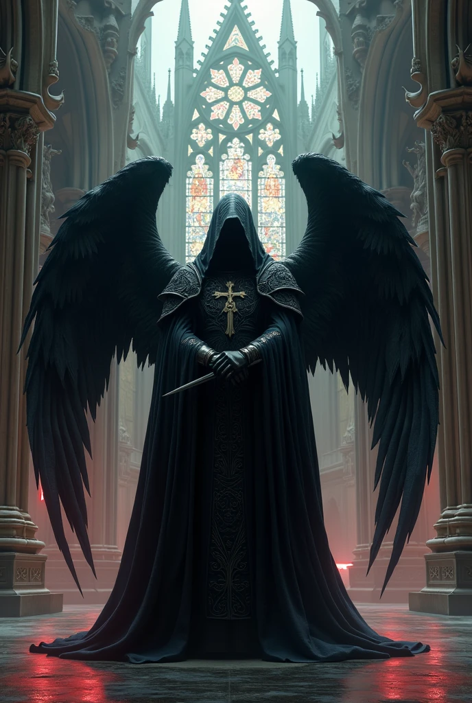 a catholic sith templar knight with black angel wings in front of a gothic church