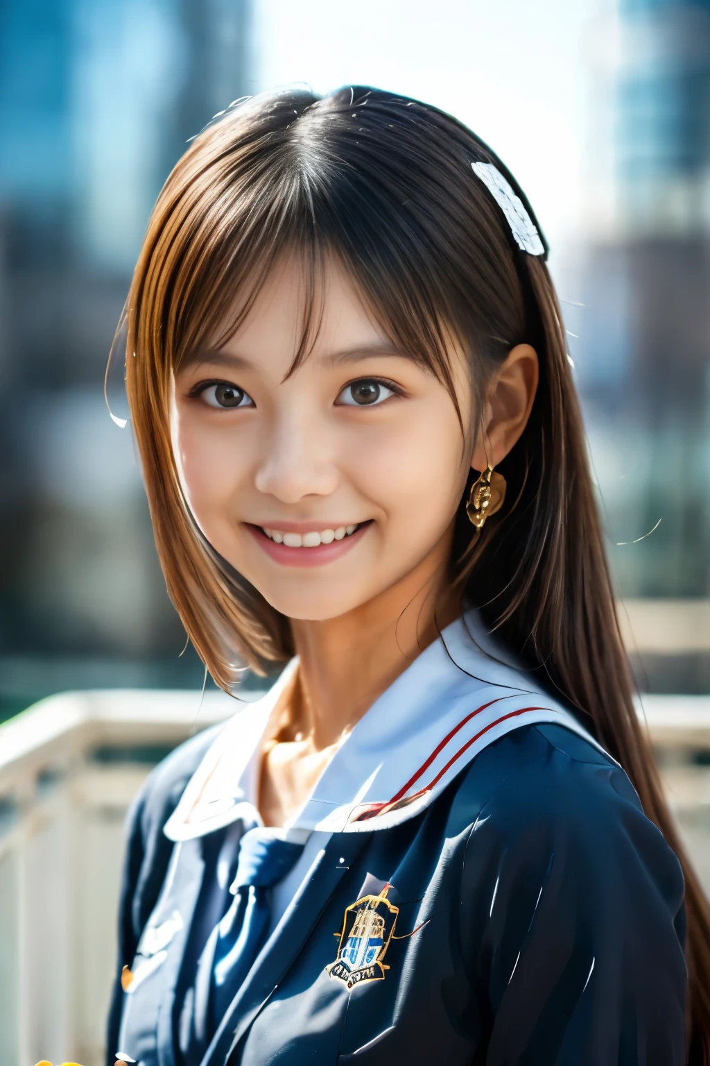 (Masterpiece:1.3), (8K), (Best Quality:1.4), (UHD:1.2), (Photorealistic:1.3),( Raw Photography), (1girl), (Ultra High Detailed), (Detailed face), very perfect beautiful and cute face, (Detailed hair), Beautiful hair, bangs, (symmetrical eyes:1.3), (Detailed eyes), (Detailed skin), Realistic skin, shiny skin, Ultra high definition, (slim figure), (super model figure), gentle smile:1.2, (A very beautiful and cute Japanese girl with a gentle expression), 27yo, 

( wearing a Japanese high school sailor uniforms,  earrings ), On the observation deck of a skyscraper, standing