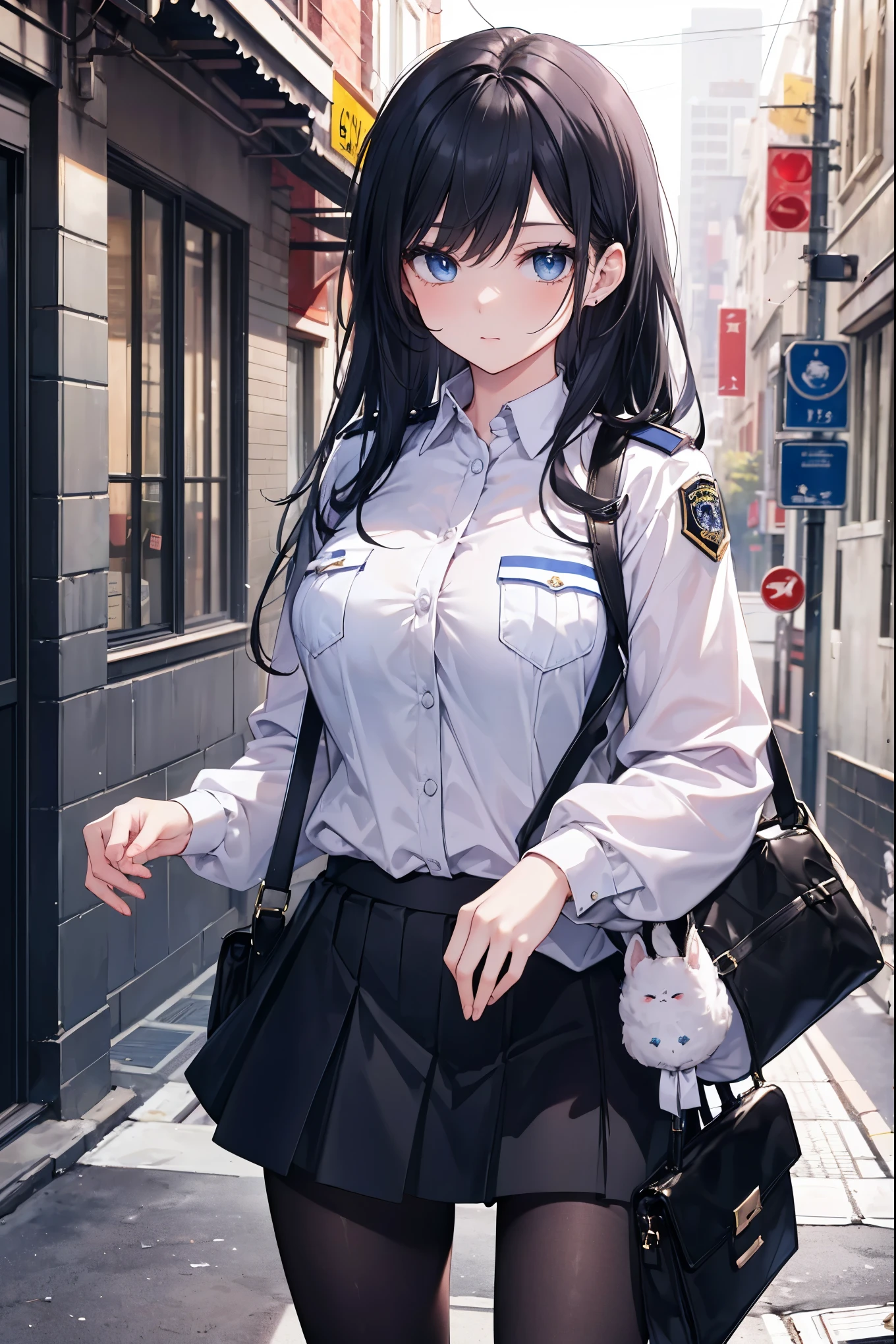 Ridiculous Resolutions, High resolution, (masterpiece:1.4), Very detailed, 1 person,blue eyes, Long black hair,Please wear a police uniform and a short skirt, White handbag、pantyhose、street,Sexy pose, The camera is close to the body