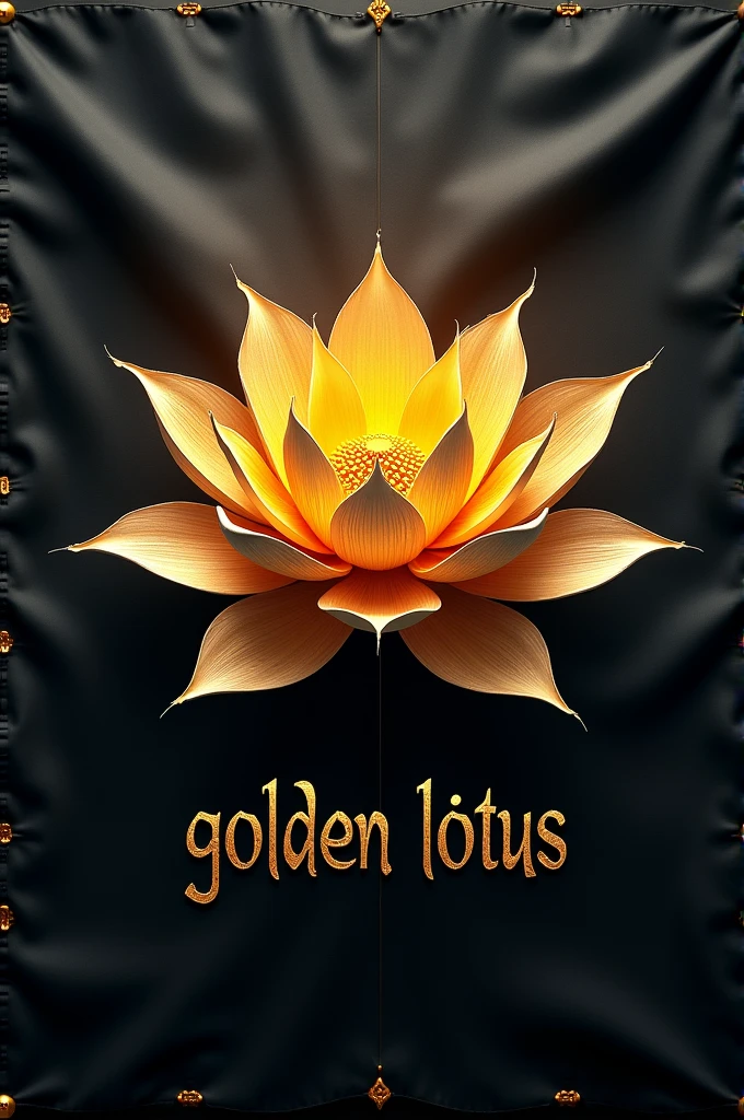 Create a golden lotus on a pirate flag with the name underneath the lotus "Golden lótus"