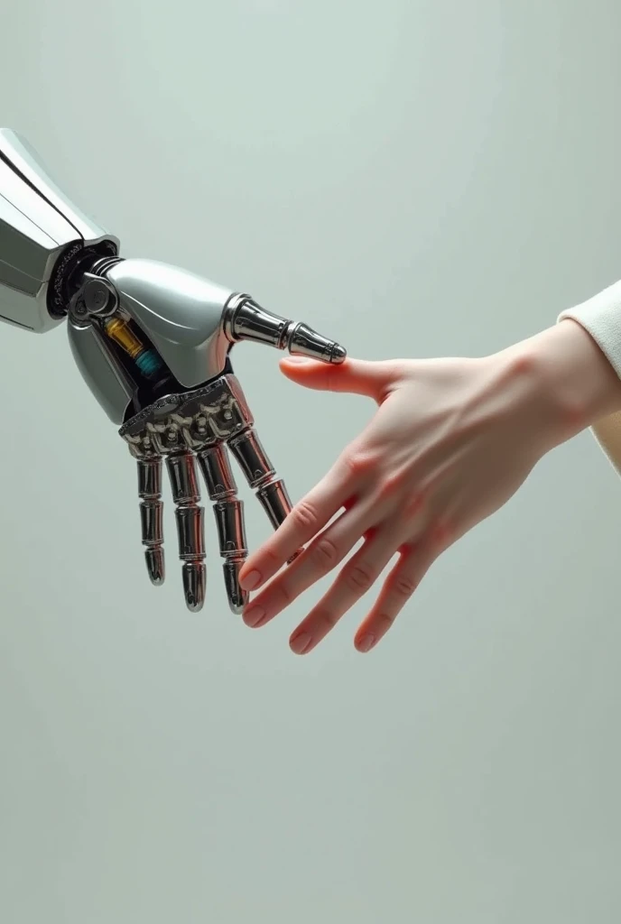 Create scenes of two hands joining together, one robotic and one human