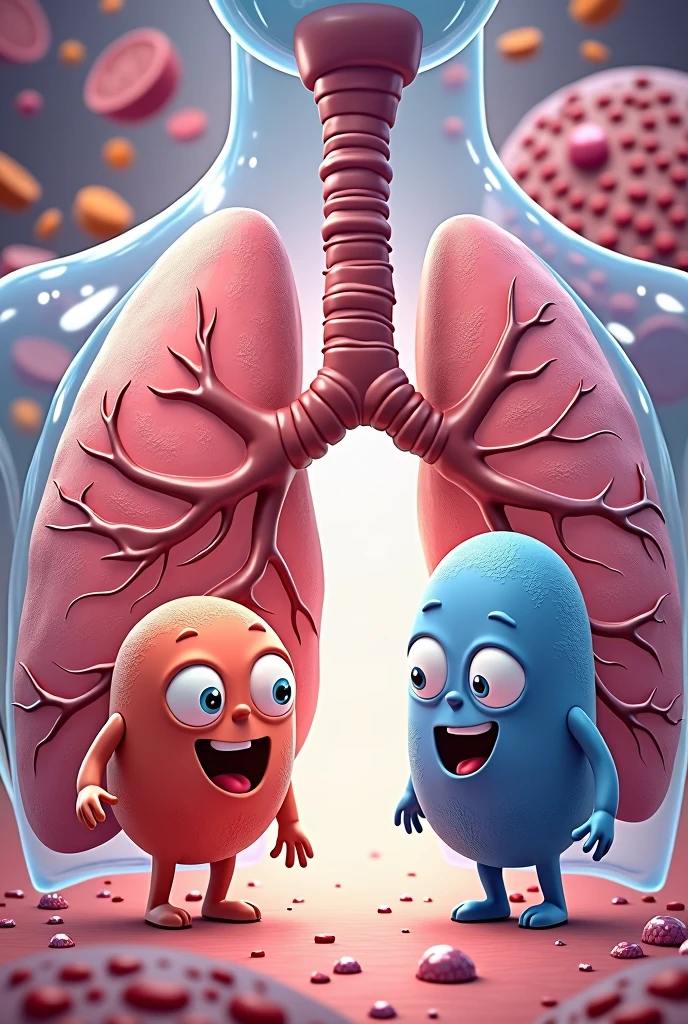 Pneumocyte type I and type II (Me) pointing out differences in each one