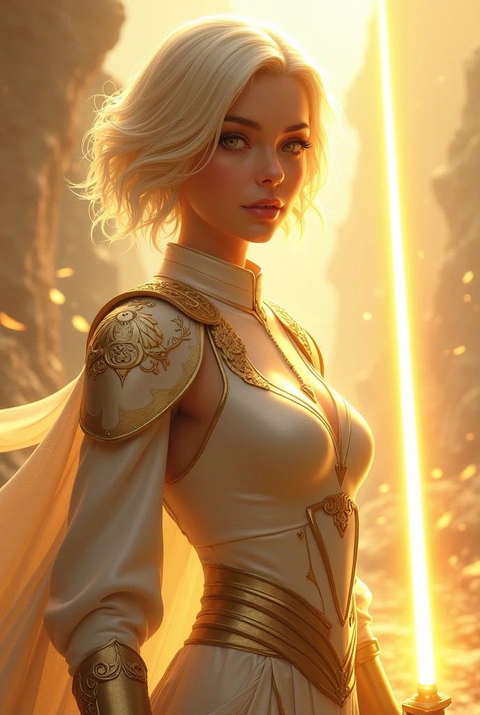 She has short, not very long, platinum blonde hair., with locks that frame her face, and golden eyes that shine with a warm and encouraging light. He wears light armor in shades of gold and white., which symbolizes purity and hope. His main weapon is a lightsaber., whose leaf seems to shine with a heavenly glow. Liora is extremely kind, optimistic and encouraging. Her positive nature and willingness to support others make her a key figure in keeping the group's spirits high.. She is always willing to offer a word of encouragement and help to those who need it., and his hopeful attitude is contagious. Although she is a formidable warrior, His focus is on inspiring and uplifting his peers rather than seeking conflict... Whole body