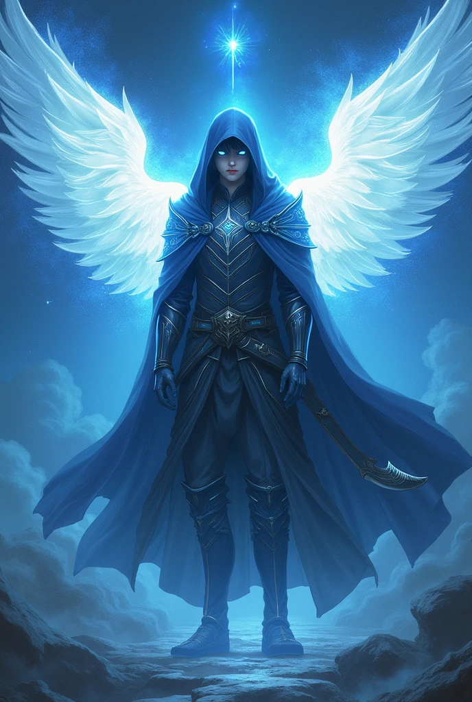 Hooded Angelic Warrior with a heavenly aura with White Rinnegan with Blue Wake Wings levitating male