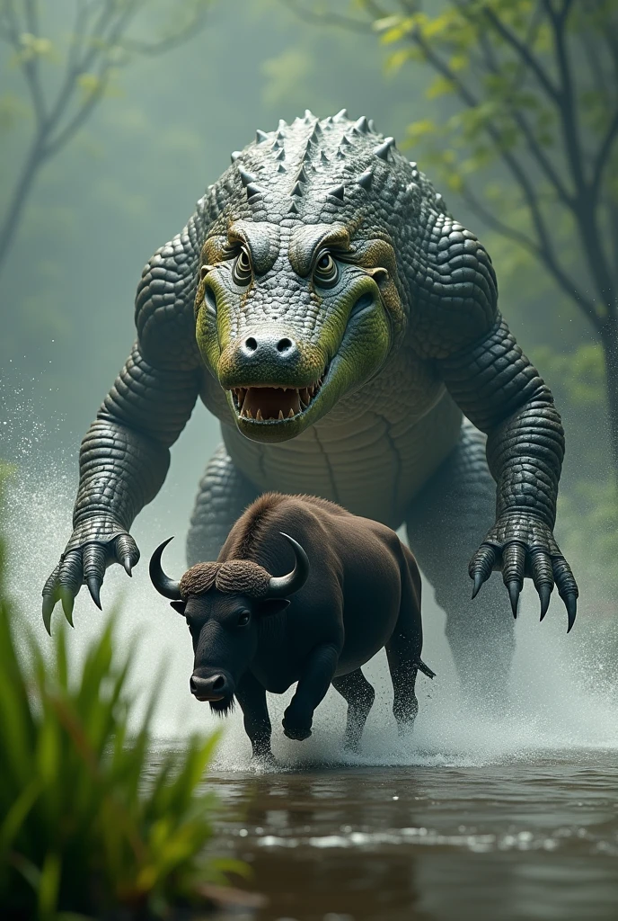 A huge alligator, with green and brown scales, is hiding in the murky waters of a swamp. His eyes, just two spheres emerging from the surface, watch intently as the buffalo approaches the shore. The buffalo, with its dark and muscular coat, walks carefree, grazing calmly. Suddenly, the alligator makes an explosive movement; With surprising strength, it launches itself from the water, its pointed claws and mouth open in a colossal attack. Drops of water fly in all directions, while the alligator shoots through the air, aiming directly for the buffalo's neck, with the intention of grabbing and dominating its prey.