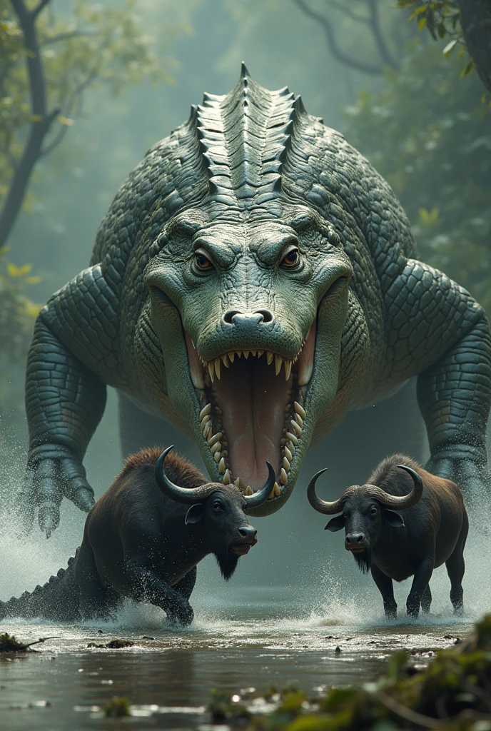 A huge alligator, with green and brown scales, is hiding in the murky waters of a swamp. His eyes, just two spheres emerging from the surface, watch intently as the buffalo approaches the shore. The buffalo, with its dark and muscular coat, walks carefree, grazing calmly. Suddenly, the alligator makes an explosive movement; With surprising strength, it launches itself from the water, its pointed claws and mouth open in a colossal attack. Drops of water fly in all directions, while the alligator shoots through the air, aiming directly for the buffalo's neck, with the intention of grabbing and dominating its prey.
