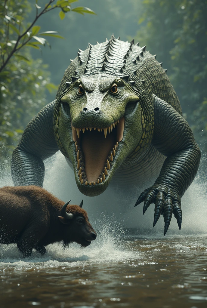 A huge alligator, with green and brown scales, is hiding in the murky waters of a swamp. His eyes, just two spheres emerging from the surface, watch intently as the buffalo approaches the shore. The buffalo, with its dark and muscular coat, walks carefree, grazing calmly. Suddenly, the alligator makes an explosive movement; With surprising strength, it launches itself from the water, its pointed claws and mouth open in a colossal attack. Drops of water fly in all directions, while the alligator shoots through the air, aiming directly for the buffalo's neck, with the intention of grabbing and dominating its prey.