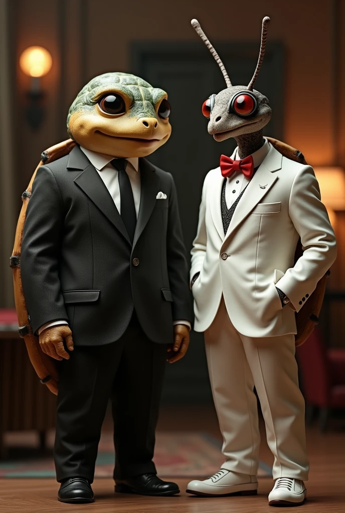 Mr. Turtle in a smart black suit and Mr. Mosquito in a smart white suit 