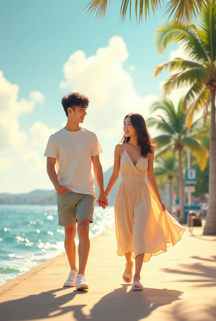 "A young Korean couple, college students, walking hand in hand along a scenic coastal promenade. The man is wearing casual summer attire - a light t-shirt and shorts, while the woman is in a flowing sundress. They are smiling at each other as they stroll. The backdrop features a beautiful beach with gentle waves, and the promenade is lined with palm trees. The lighting suggests a warm, late afternoon atmosphere, creating a romantic mood. The scene captures the essence of a sweet, youthful date by the seaside in Korea."