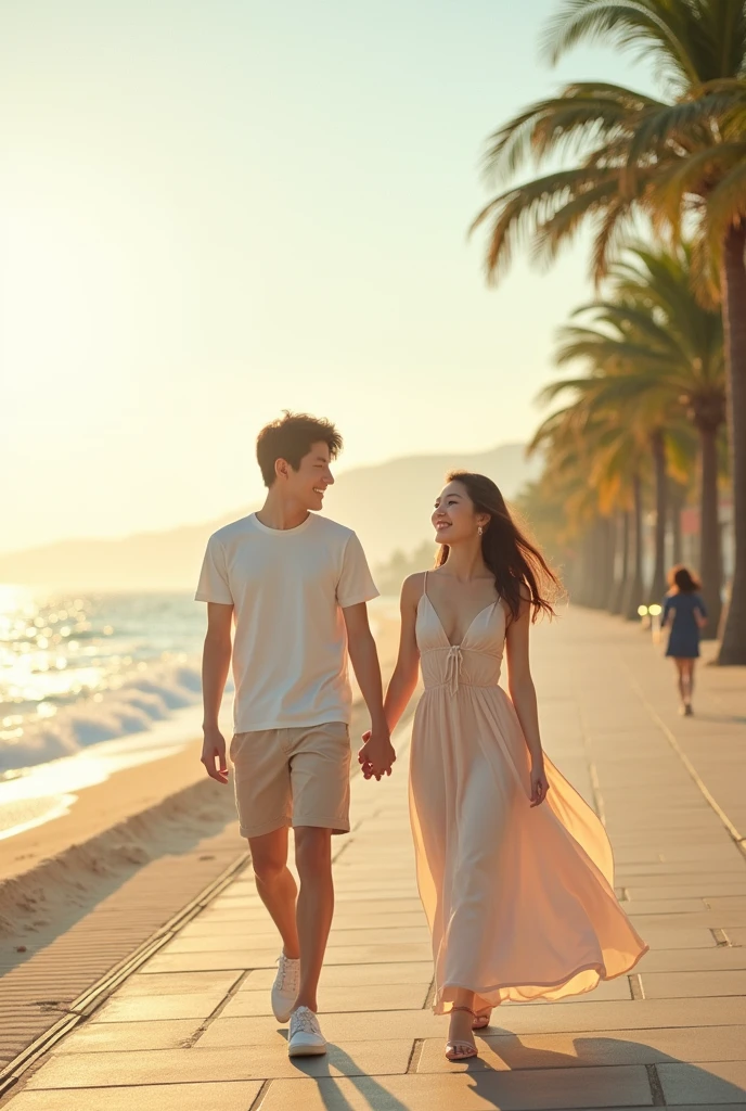 "A young Korean couple, college students, walking hand in hand along a scenic coastal promenade. The man is wearing casual summer attire - a light t-shirt and shorts, while the woman is in a flowing sundress. They are smiling at each other as they stroll. The backdrop features a beautiful beach with gentle waves, and the promenade is lined with palm trees. The lighting suggests a warm, late afternoon atmosphere, creating a romantic mood. The scene captures the essence of a sweet, youthful date by the seaside in Korea."