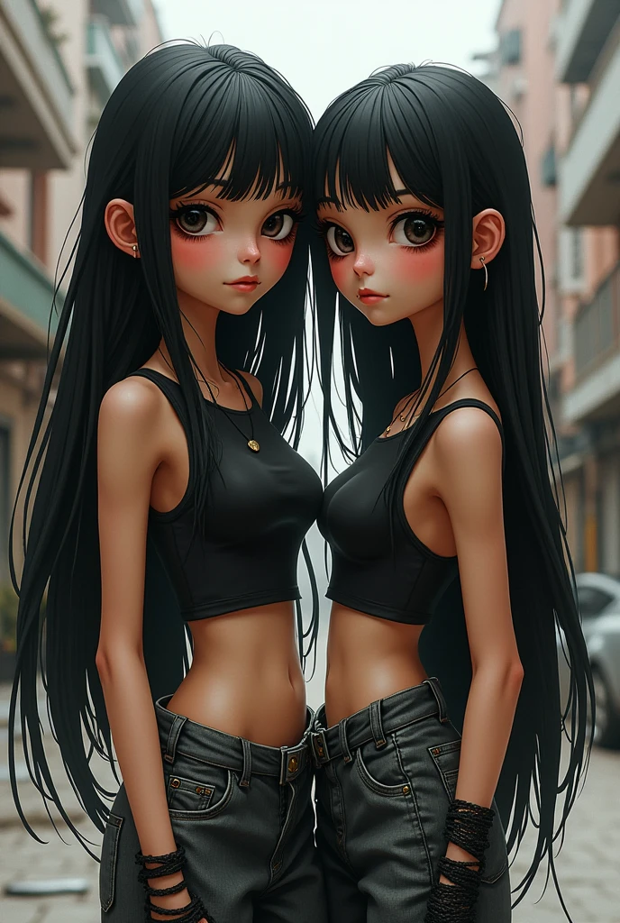 2 girl with long black hair, big black eyes, big nose, small mouth, wearing urban clothing, 154 cm tall, thin