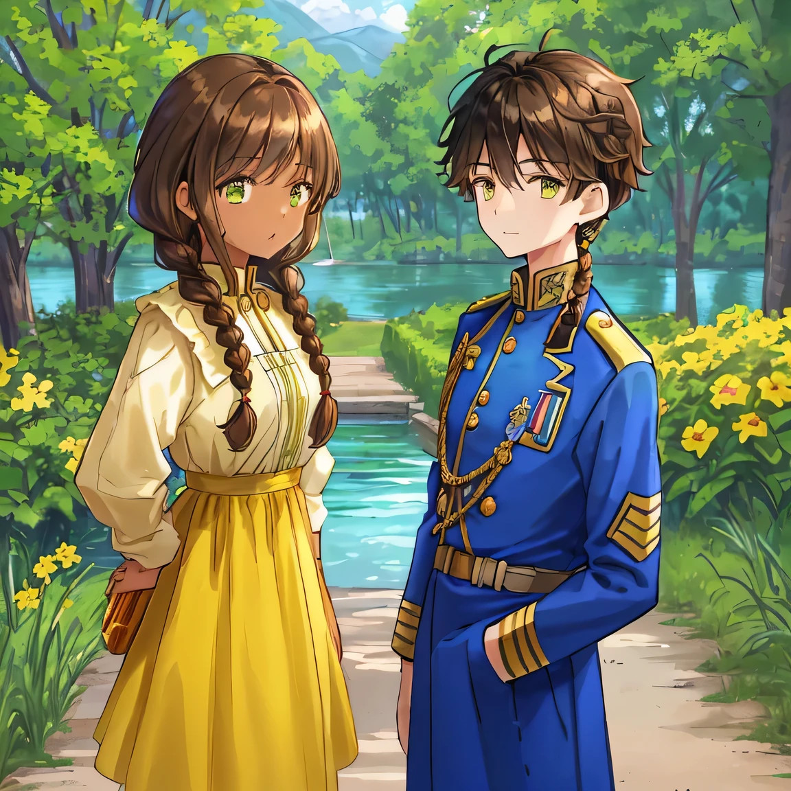 Lakeside surrounded by greenery, A scene where a boy and a girl meet, (A brown-haired yellow race boy wearing a blue military uniform:1.3), boy is brown eyes, (BREAK), (A girl wearing a light yellow loose dress with black hair tied in braids on both sides:1.2), (girl is dark-skinned and green eyes), The scene of a fateful encounter.