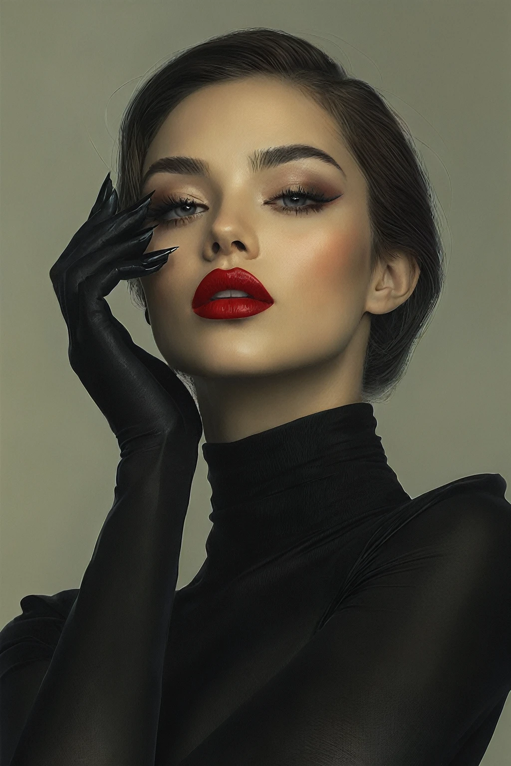 UHD ultra precise 8K digital copy of a arafed woman in black dress and red lipstick posing for a picture, digital art of an elegant, wlop glossy skin, sultry digital painting, inspired by Hedi Xandt, sexy face with full makeup, sexy red lips, portrait shot, thick red lips, with black glossy lips, mysterious glamour, glamour portrait, beauty portrait, glossy digital painting blonde hair, blue eyes