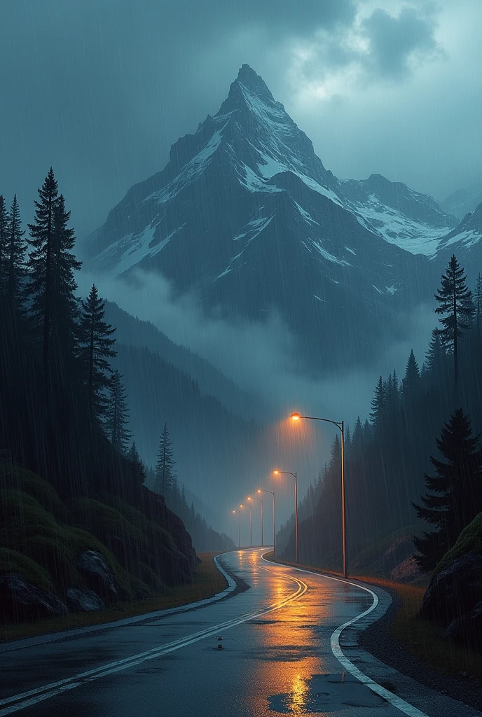 Mountain with heavy rain lights on the street dark
