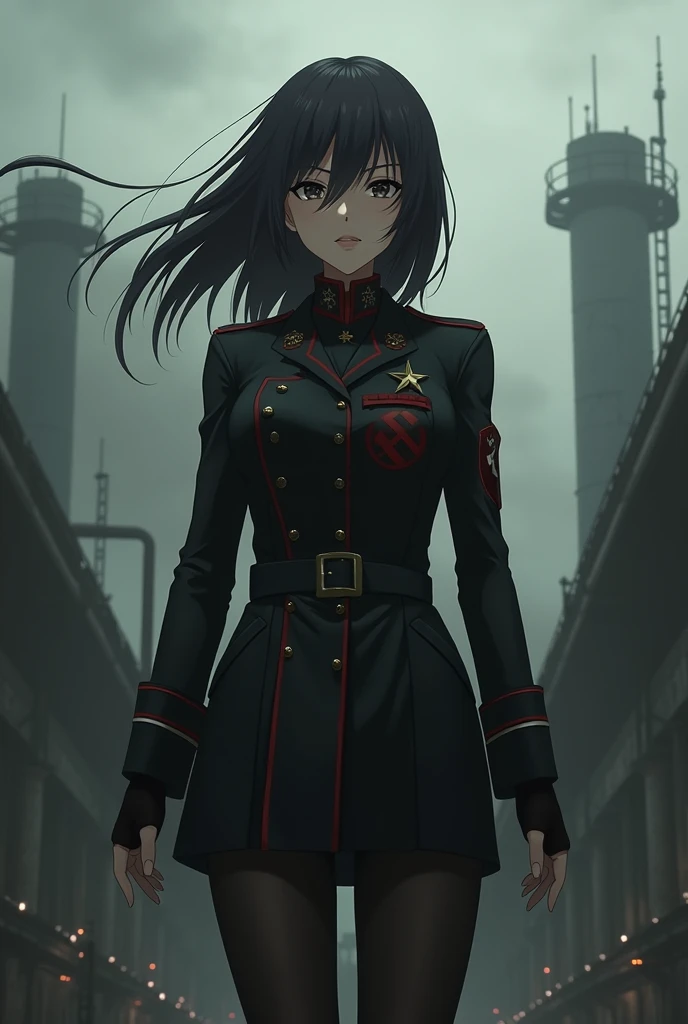 Masterpiece,Realistic,Sci-Fi Science Fiction,Sci-Fi Detailed,Clear Face,Realistic,Cinema Angles,Clear Color,Detailed Environment,( Beautiful CG:1.4 ),Standing on a flying aircraft carrierDetailed realistic eye sockets,excellent lighting,tonal coloration,beautiful colors,woman,adult,short,small breasts,26 years old,deep green eyes,hair. Purplish black, two-braided hair in front of a smooth horse, red glasses, a solemn expression, (referring to the WWII white general's uniform), white clothes, blue: 1.5, an aircraft carrier in the sky.