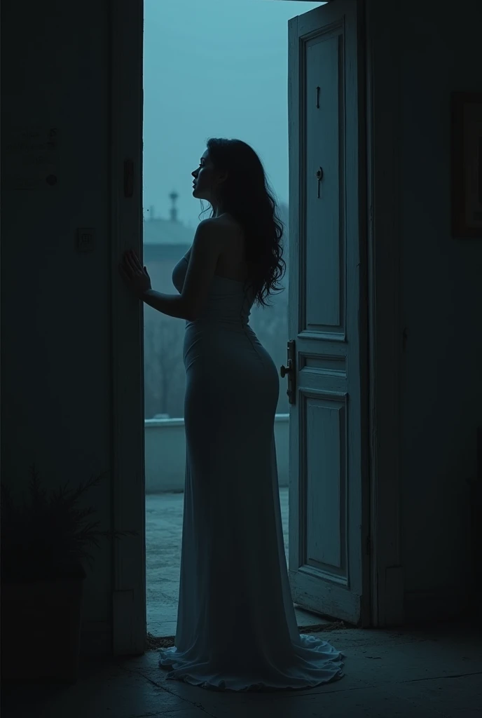 Young woman ..big curvy hips..big breasts..long hair...Russian..near the open door..  Looks into the darkness...crying.. But it&#39;s night outside.. 