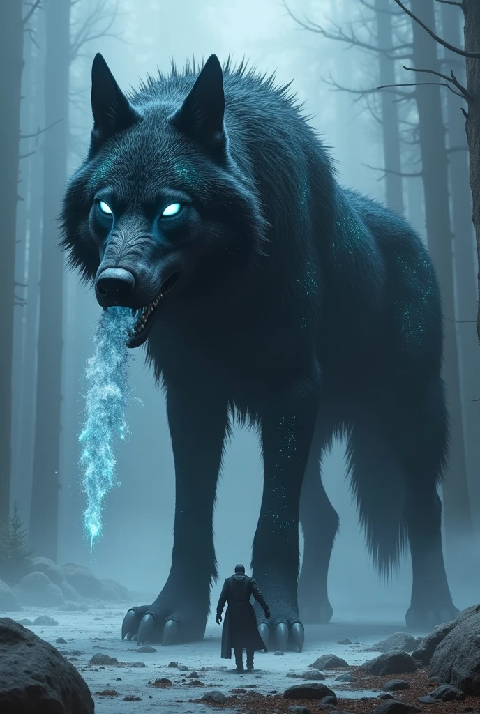 The Volgorn is a large beast with the appearance of a gigantic wolf., but with unique and creepy features. His fur is black as night, dotted with bright spots as if he had constellations embedded in his skin. His eyes are two white orbs that seem to emit a ghostly glow., and from his mouth comes an icy vapor that freezes the air. It has six muscular legs and a long tail that ends in a kind of sharp claw.. Dark, sharp spines rise along its back., able to extend and retract at will.