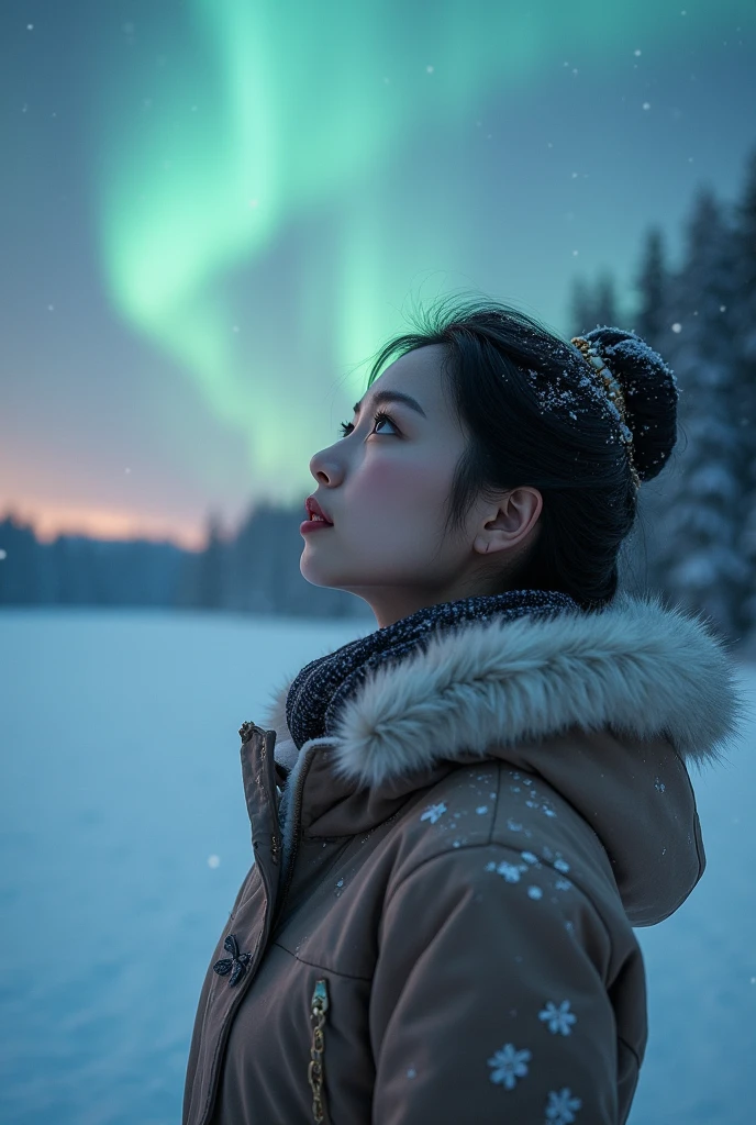 8k Beautiful Asian woman wearing winter clothes, watching the night sky in the distance, with northern lights, while snow falls on her body