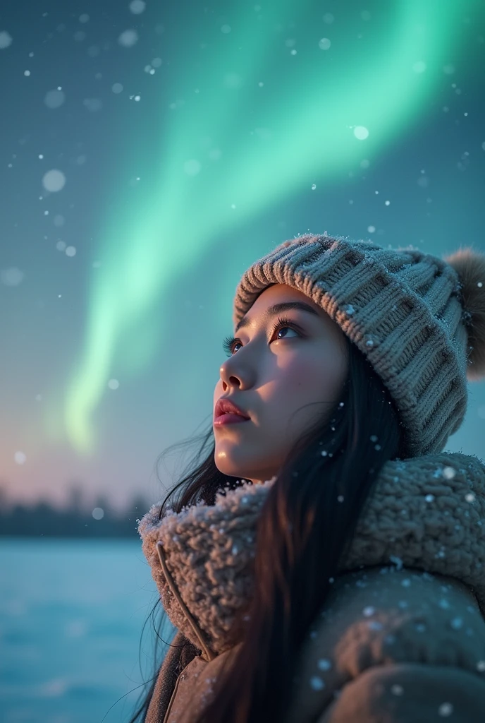 8k Beautiful Asian woman wearing winter clothes, watching the night sky in the distance, with northern lights, while snow falls on her body