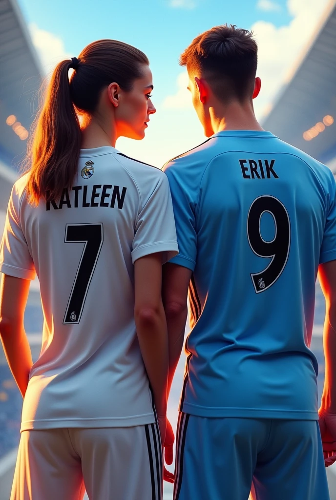 Woman and man back number 7 name Katleen and the Real Madrid shirt and number 9 name Erick and the Manchester City shirt 