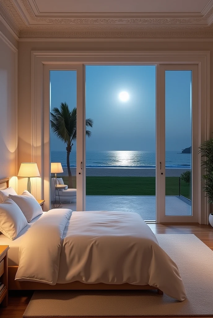 view of the bedroom bed in a neoclassical style beach house, white and close. large glass doors only, with lots of external views, light wood floor, blinds,2 lampshades, neoclassical decoration and boiserie on the ceiling, outside first a lawn, then sand and then the Caribbean sea and the horizon, the night with. Mattire. the night the moonlight, windows with plain glass only