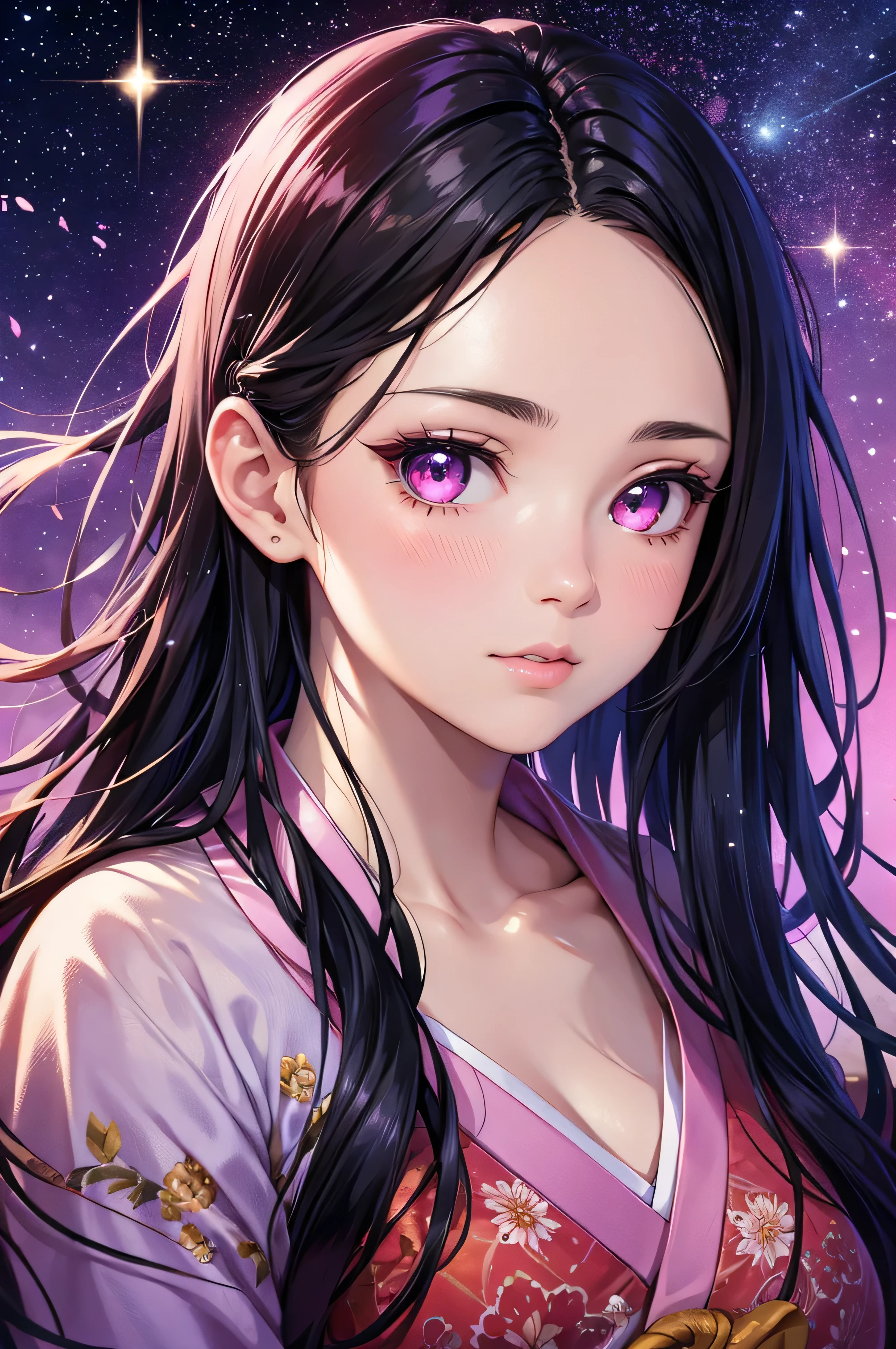 Nezuko from demon slayer. a young woman with long dark hair, (pink eyes), beautiful detailed eyes, beautiful detailed lips, extremely detailed face, longeyelashes, wearing a pink kimono, (best quality,4k,8k,highres,masterpiece:1.2),ultra-detailed,(realistic,photorealistic,photo-realistic:1.37),digital painting,exquisite detail,intricate details,highly detailed,vivid colors,warm lighting,cinematic lighting,dramatic lighting, iridescence, dramatic angle, space, (floating colorful sparkles:1.3), Dramatic Lighting, Chiaroscuro, Evocative Depth, Face Portrait, Close up, ulzzang, looking at viewer,
