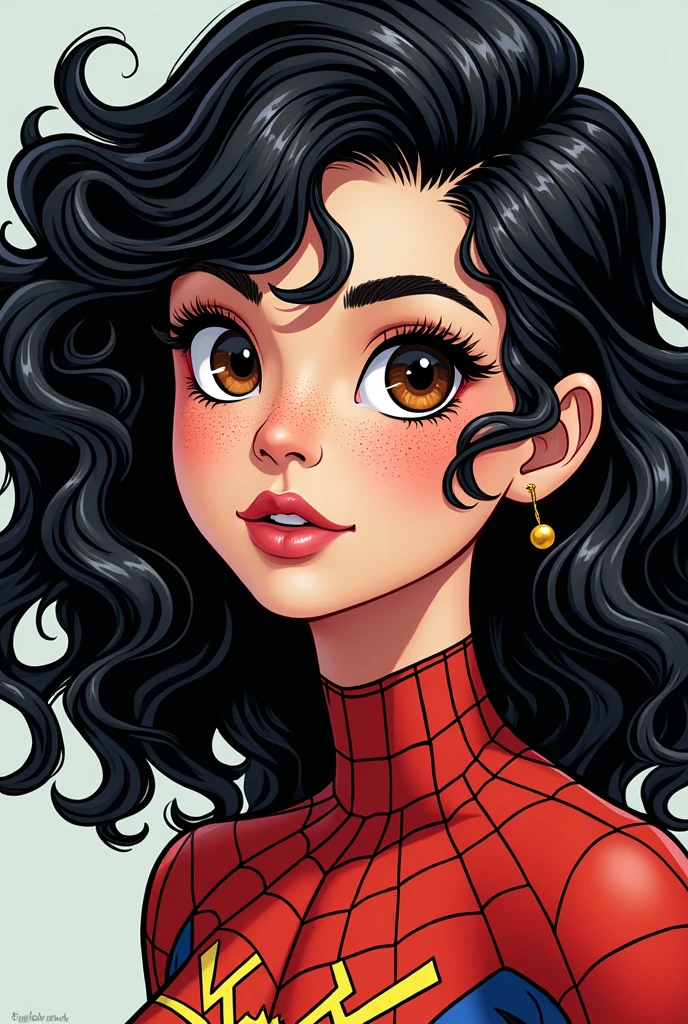 Make me a comic book girl dressed as spiderwoman, quite a bit of short curly black hair with yellow part below, semi-slanted eyes, semi wide nose with lots of freckles on his face, face outlined with something round, Very pretty semi-wide lips and white skin, black eyes with some brown.. we eat little, with a not so adult face
