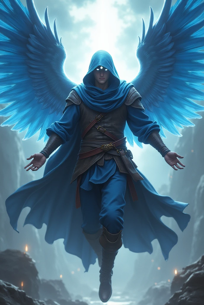 Hooded Angelic Warrior with a heavenly aura with White Rinnegan with Blue Wake Wings levitating male, Brown leather 