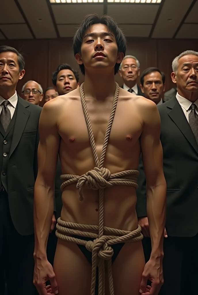 1boy、Handsome Men、Japanese male, 、Completely naked、Full nudity、erection、Huge penis、Highest quality、Realistic、beautiful、Sad look、 ((((Completely tied up with rope)))), ((((A very tight rope is crisscrossed over the chest)))),(((Body bound with tight rope)))、whole body、Surrounded by old men in suits、Inside the movie theater、erection、完全Completely naked