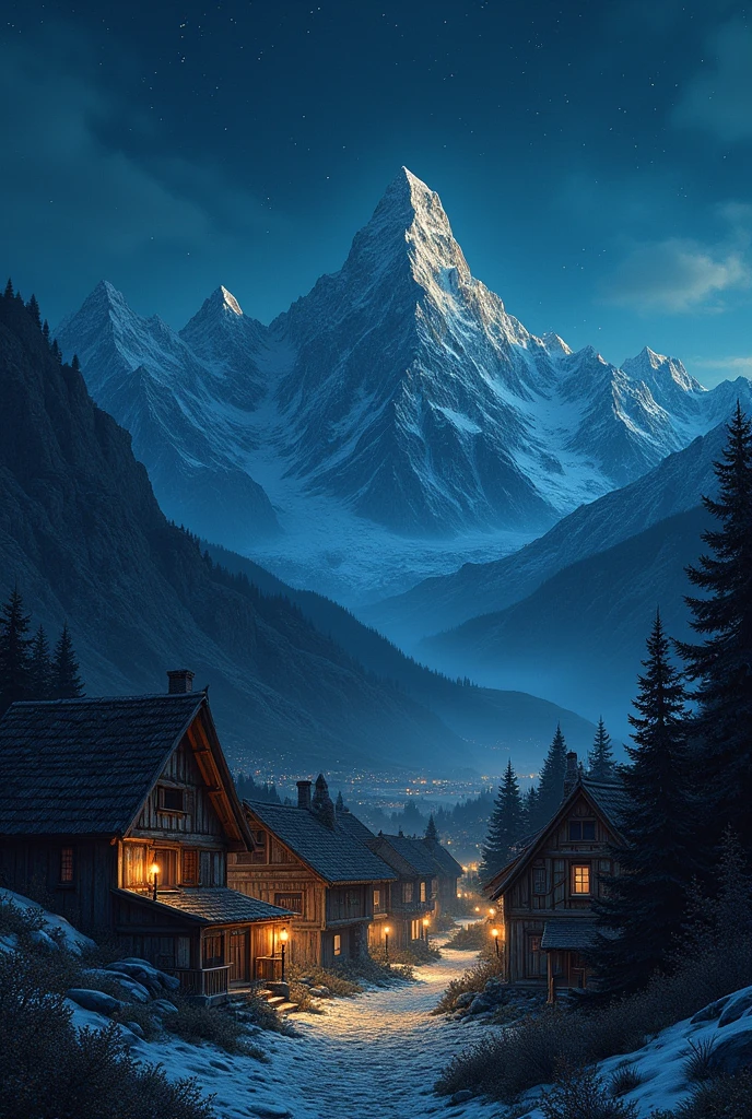 A medieval village, with wooden houses and mountains in the background. At night, a starry sky, in the style of a 1980s Dark Fantasy film.