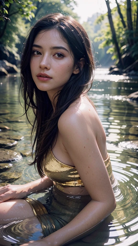 ((Sophie Tan:1.3)), a young and attractive Asian woman, sitting on a rock with her legs spread apart and her back to the camera on a tropical beach in Southeast Asia. She is wearing a ((wet, see-through crop top and bikini bottoms:1.3)) that cling to her body. Her hair is wet and cascading down her back, and she has a flirtatious, inviting expression as she looks over her shoulder. The scene should highlight her ((wet skin and suggestive pose:1.2)), with the ((tropical water and sky:1.1)) in the background. Full-body shot with a slight tilt to capture both her pose and the scenic background. The image should be ((ultra-realistic:1.3)), in ((8K resolution:1.2)), with ((high detail:1.3)) and a ((soft bokeh effect:1.2)).
