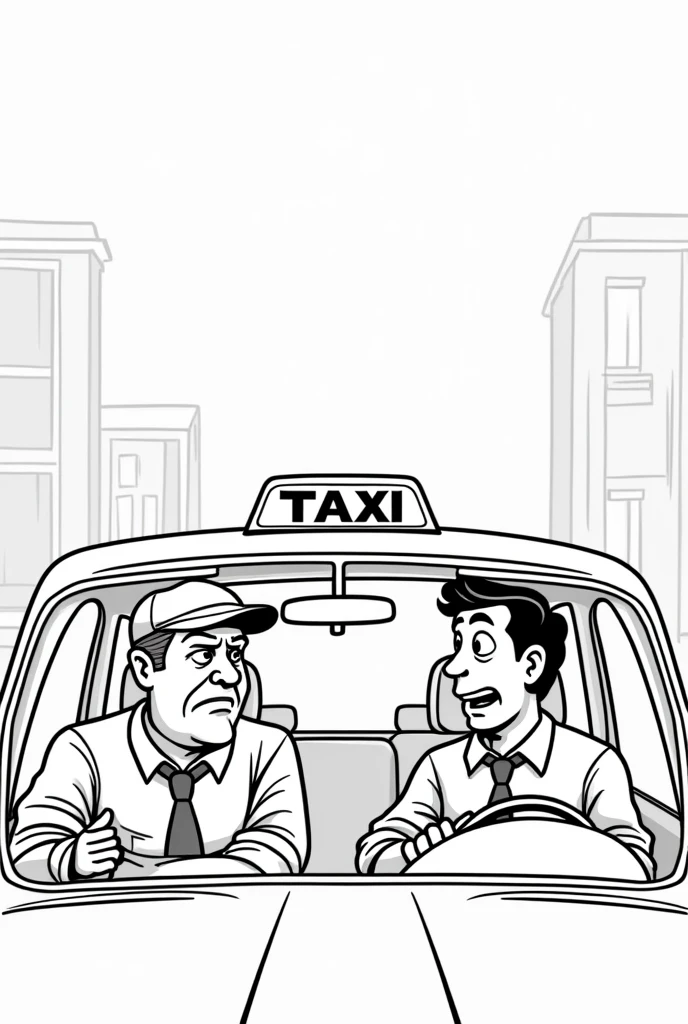 Black and white cartoon drawing without color conversation between taxi driver and passenger