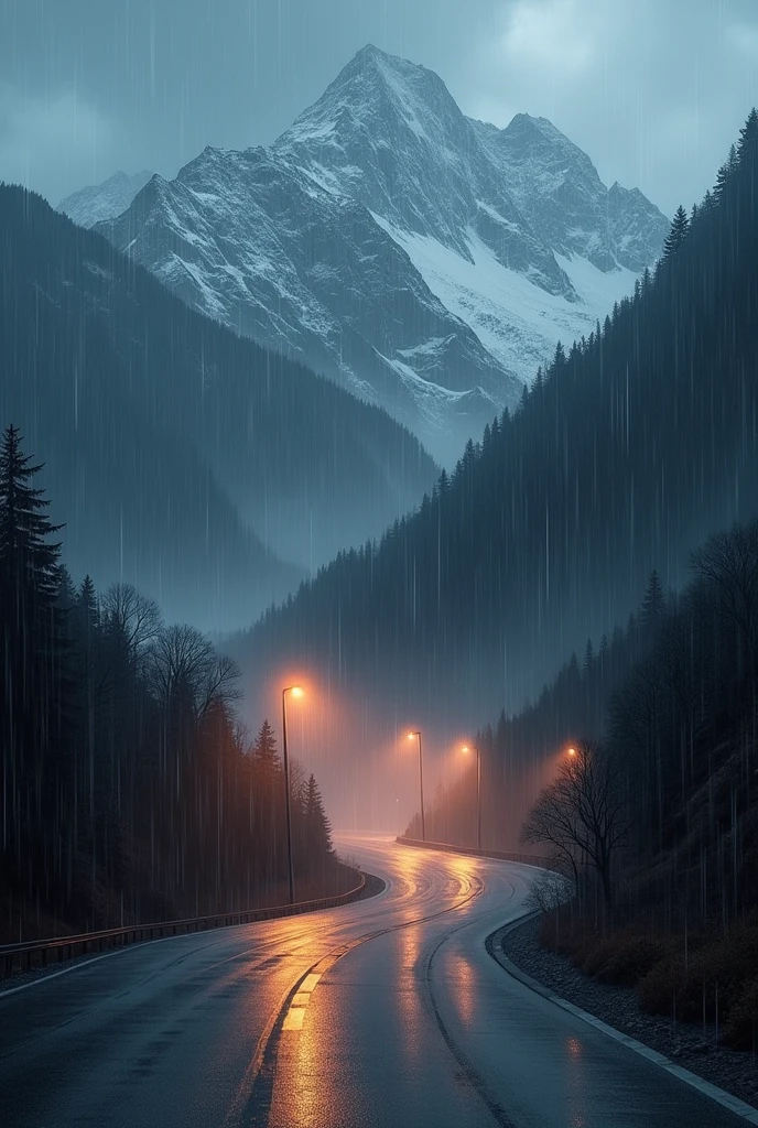 Mountain with heavy rain lights on the street dark Extreme heavy rain