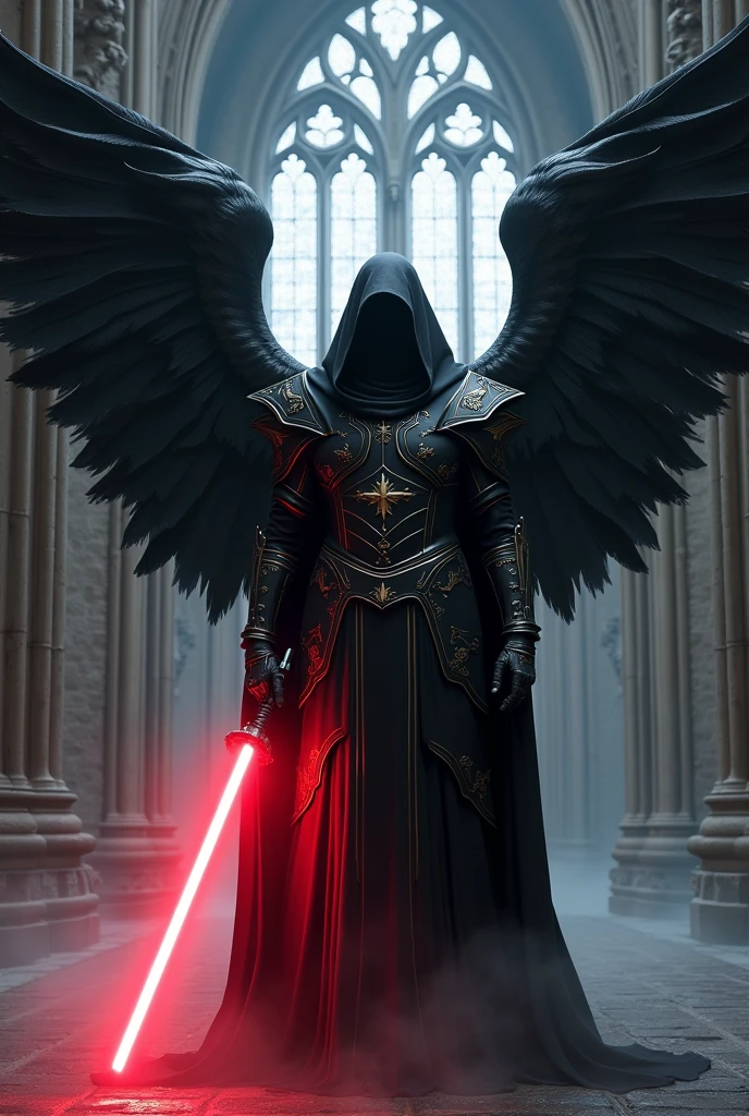 a catholic sith templar knight with black angel wings in front of a gothic church with a red lightsaber