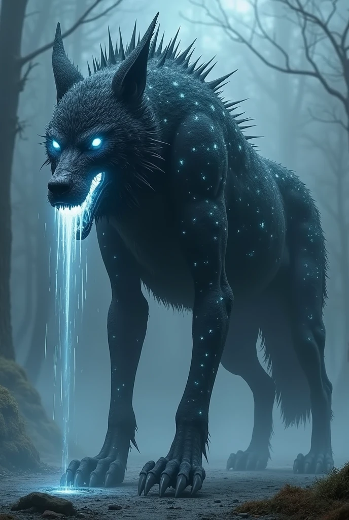 The Volgorn is a large beast with the appearance of a gigantic wolf., but with unique and creepy features. His fur is black as night, dotted with bright spots as if he had constellations embedded in his skin. His eyes are two white orbs that seem to emit a ghostly glow., and from his mouth comes an icy vapor that freezes the air. It has six muscular legs and a long tail that ends in a kind of sharp claw.. Dark, sharp spines rise along its back., able to extend and retract at will.