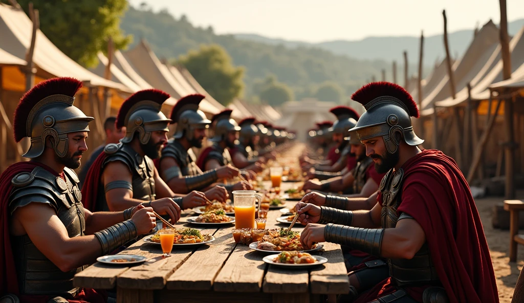 Roman soldiers eating meals in camp 