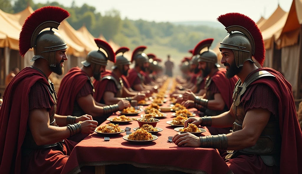 Roman soldiers eating meals in camp 