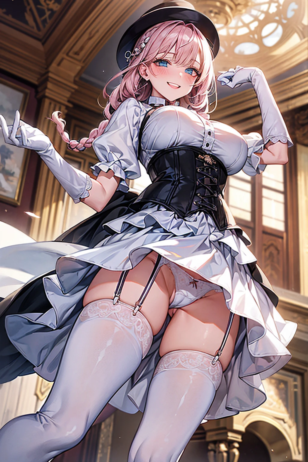 masterpiece, Highest quality, One person, Sariel, Heterochromia iridis, Braided bangs, indoor, Ruler, O-ring top, corset, Peaked Hat, White panties, Thigh-high boots, Huge breasts, Grin, blush, From below, whip 、long gloves up to the elbow、garter belt