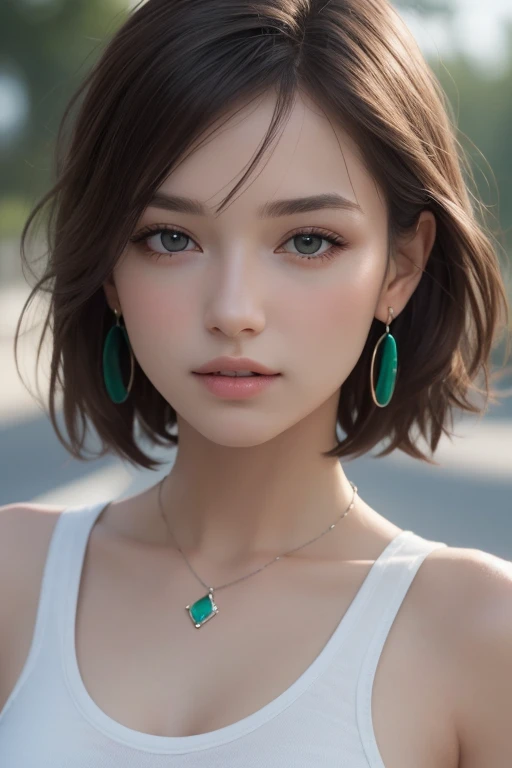 (photograph:1.2)、(photorealistic:1.3)、(masterpiece:1.3)、(Highest image quality:1.4)、ultra high resolution、(detailed eyes)、(detailed facial features)、(Detailed garment features)、8k resolution、solo focus、2 mature woman、small face、no makeup、Detailed beautiful eyes、bangs、dark brown hair、short cut hair、(realistic skin)、beautiful skin、charming、ultra high resolution、Super realistic、High definition、white shirt open,middlebre、small breasts、bust B cup、small breasts、cool beauty、Gray background、cinematic lighting、perfect、soft light、High resolution skin:1.2、realistic skin texture、2 mature woman、small face、no makeup、Bust B Cup、Detailed beautiful brown eyes、short hair、dark brown hair、Cool beauty、gray background high quality、masterpiece、High resolution、1 female、necklace、gem、Earrings、Beautiful Face、Body Up、Tyndall effect、Realistic、Rim Light、Two-tone lighting、(High resolutionスキン:1.2)、8k ウルトラHD、Digital SLR、Soft lighting、high quality、Volumetric lighting、photograph、High resolution、4K、8k、Brown haired woman、Adult、Small eyes、Perfect Mouth、Highly detailed eyes and mouth、Black natural eyes、Pure brown hair color、lol、Caucasian skin color、Hair quality and shine、street、town、road、congestion、lol顔,Upper teeth(Black and green camouflage tank top)