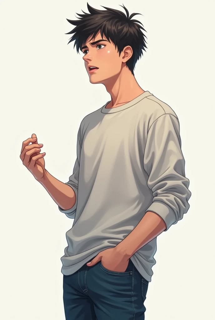 An handsome young man viewed from side, wearing a long sleeves t-shirt and a jeans pants, and he standing straight, his body language is like he was talking to somebody, realistic full body portrait, anime style
