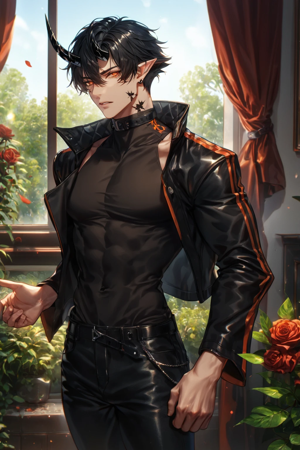 absurdres, highres, ultra detailed, HDR) master piece, best quality, extremely detailed, delicated features, Flamebringer, black hair, expressive orange eyes, Arknights, solo, sexy man, handsome, toned, sensual, black horns, slightly pointed ears, black marks on the face, cropped leather jacket with orange patterns, tight turtleneck shirt, collar, black leather pants, window, red curtains, garden, red roses