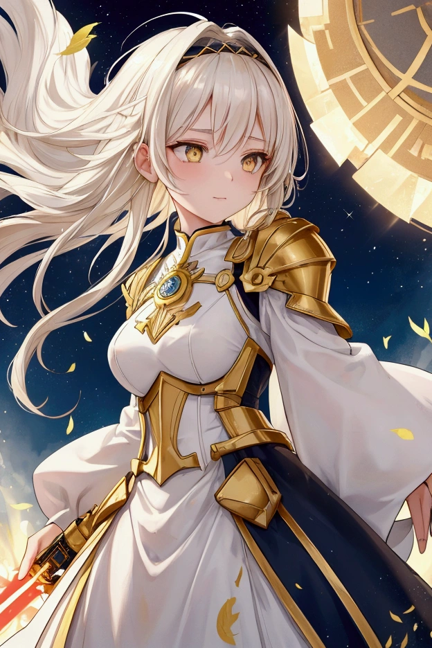 Anime girl with short blond hair and blue eyes in a white suit, белый suit with gold, concept art, inspired by Lee Chevalier, ArtStation, fantasy art, portrait girl knights of the zodiac, girl knights of the zodiac, very detailed exquisite fanart, Extremely detailed Artgerm, portrait anime space girl, гладкое аниме cg art, anime goddess, ! dream art embryo, Short stature, small, All-white suit, suit with gold, suit without stones, suit without bulges,