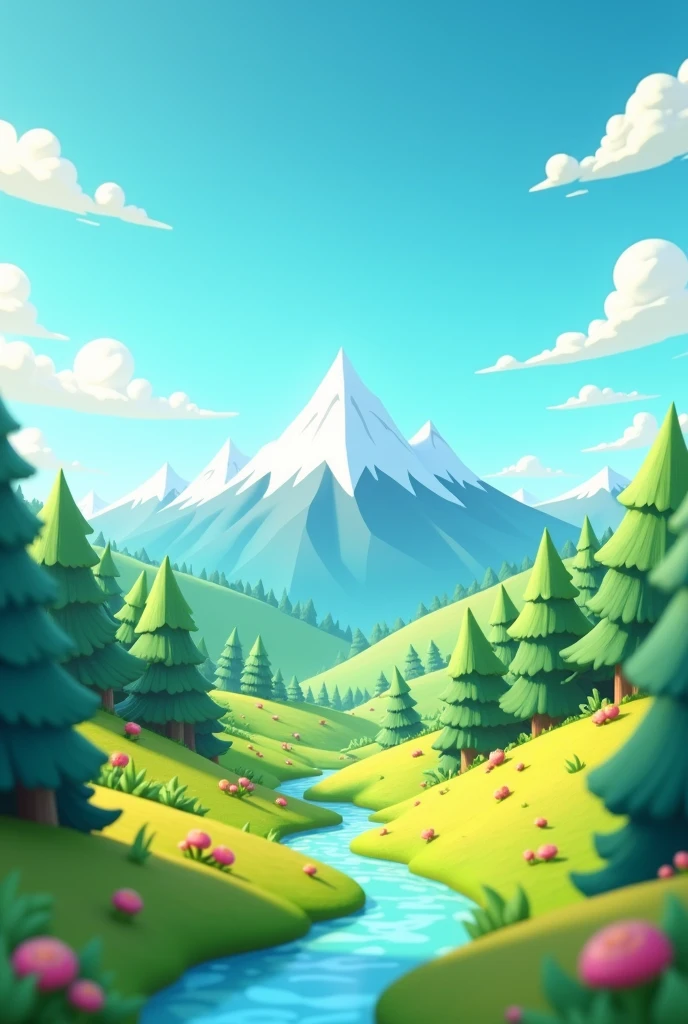 Make a 3d cartoon background. In this background have mountains or trees and cute sky